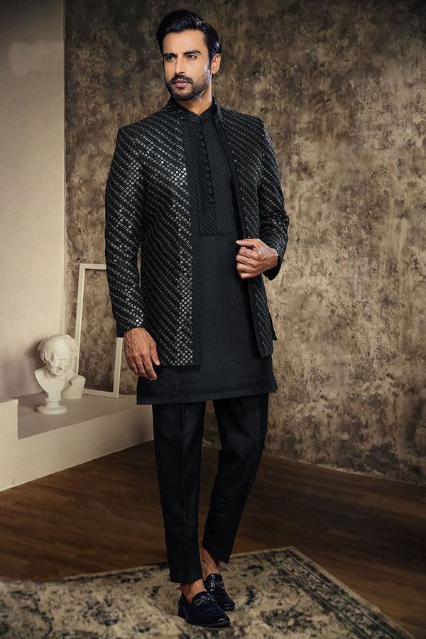 Picture of Splendid Black Designer Indo-Western Nawabi Style Sherwani Set for Sangeet and Reception