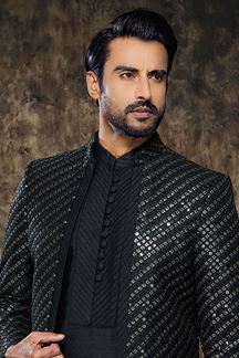 Picture of Splendid Black Designer Indo-Western Nawabi Style Sherwani Set for Sangeet and Reception