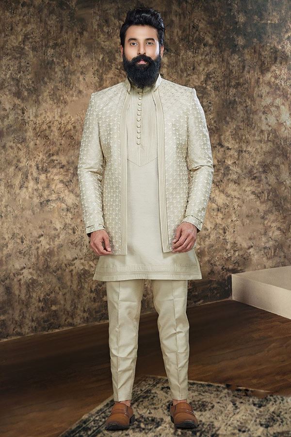 Picture of Charismatic Cream Designer Indo-Western Nawabi Style Sherwani for Engagement and Reception