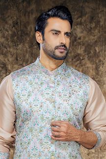 Picture of Attractive Cream Designer Mens Kurta Set for Engagement and Reception