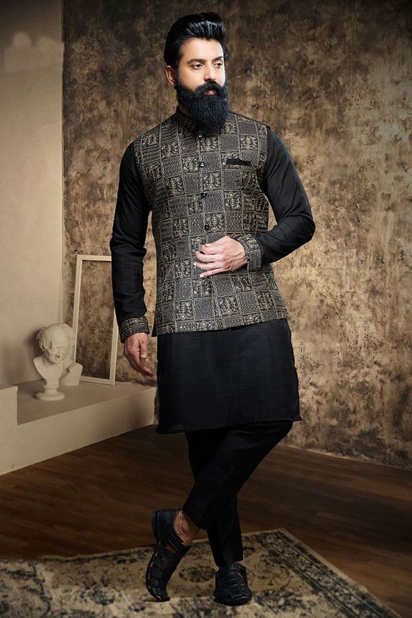 Picture of Dashing Black Designer 3 Piece Kurta Jacket Men’s Wear for Party and Sangeet 