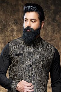 Picture of Dashing Black Designer 3 Piece Kurta Jacket Men’s Wear for Party and Sangeet 