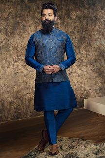 Picture of Elegant Blue Designer 3 Piece Kurta Jacket Men’s Wear for Wedding and Reception