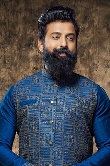 Picture of Elegant Blue Designer 3 Piece Kurta Jacket Men’s Wear for Wedding and Reception