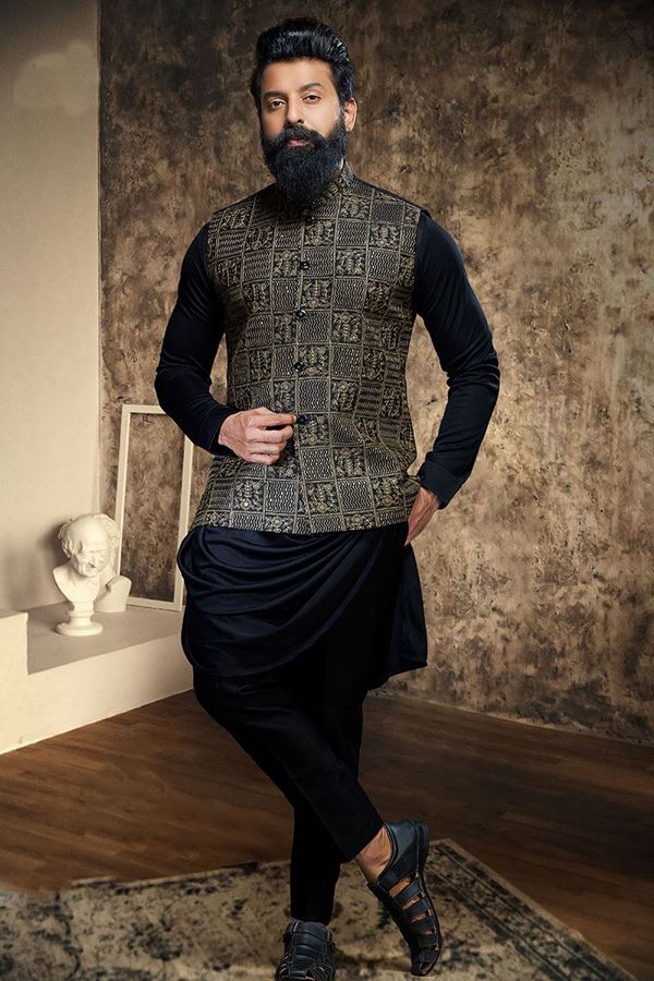 Picture of Fancy Black Designer Mens Kurta Jacket Set for Party and Sangeet 