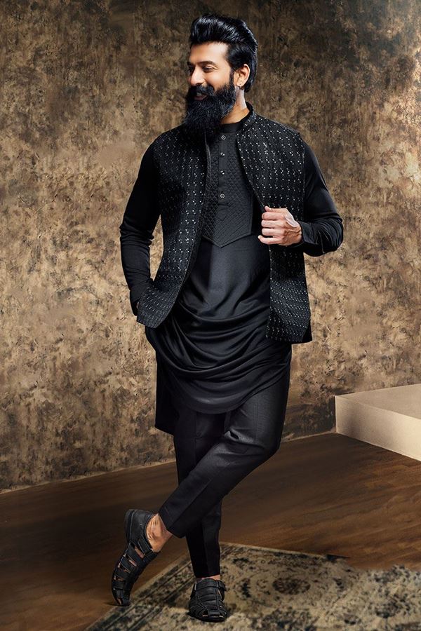 Picture of Marvelous Black Designer Mens Kurta Jacket Set for Party and Sangeet