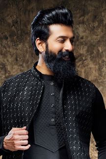 Picture of Marvelous Black Designer Mens Kurta Jacket Set for Party and Sangeet