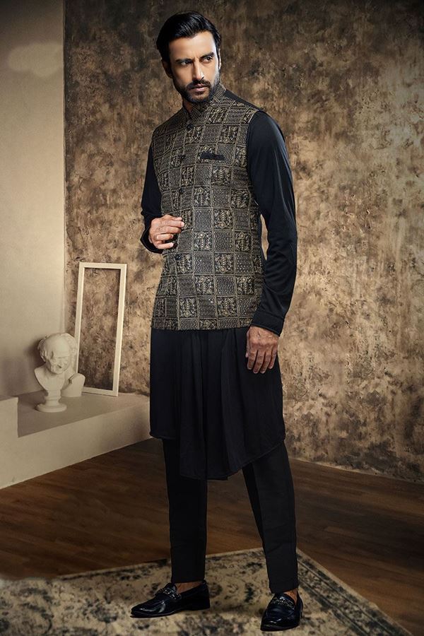 Picture of Magnificent Black Designer Mens Kurta Jacket Set for Party and Sangeet