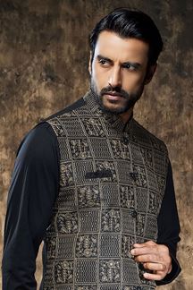 Picture of Magnificent Black Designer Mens Kurta Jacket Set for Party and Sangeet