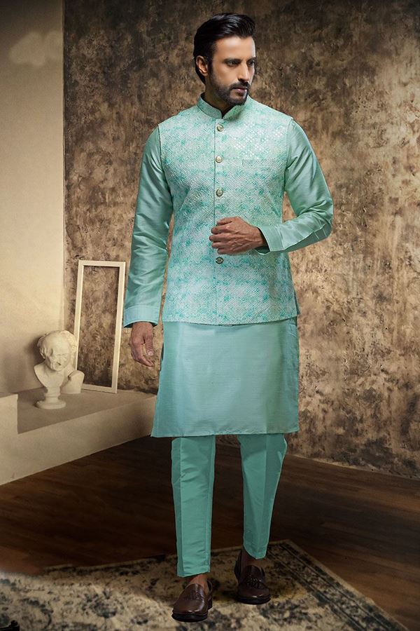 Picture of Fashionable Sky Blue Designer Mens Kurta Jacket Set for Engagement, and Wedding 