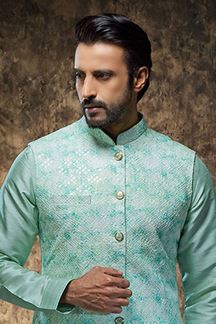 Picture of Fashionable Sky Blue Designer Mens Kurta Jacket Set for Engagement, and Wedding 