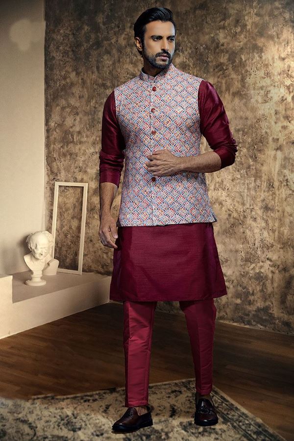 Picture of Exuberant Maroon Designer 3 Piece Men’s Wear for Wedding, Engagement, and Reception