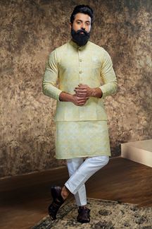 Picture of Charming Yellow Designer Mens Kurta Jacket Set for Haldi