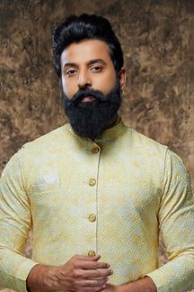 Picture of Charming Yellow Designer Mens Kurta Jacket Set for Haldi