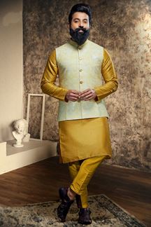 Picture of Exquisite Mustard Designer Mens Kurta Jacket Set for Haldi and Festivals