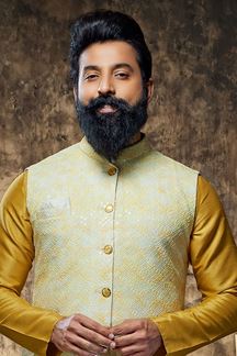 Picture of Exquisite Mustard Designer Mens Kurta Jacket Set for Haldi and Festivals