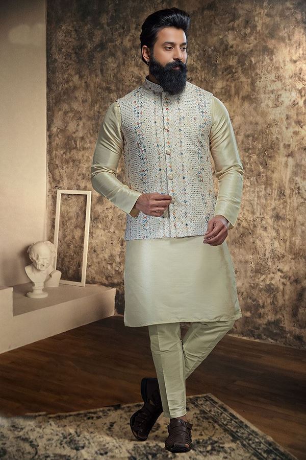 Picture of Delightful Cream Designer Mens Kurta Jacket Set for Wedding and Engagement