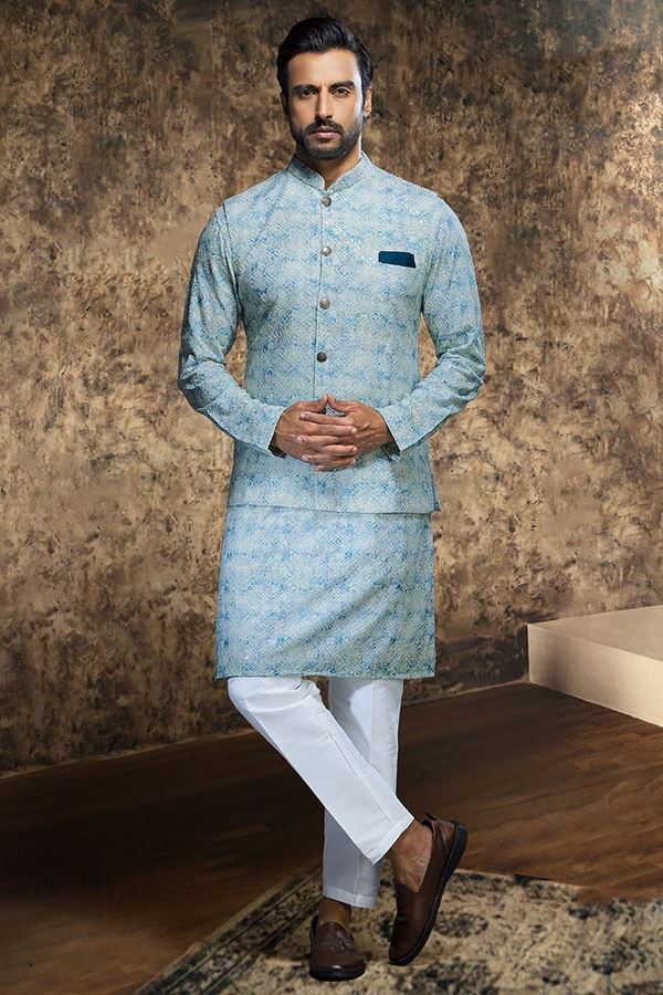 Picture of Impressive Sky Blue Designer Mens Kurta Jacket Set for Engagement and Wedding 