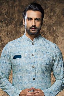 Picture of Impressive Sky Blue Designer Mens Kurta Jacket Set for Engagement and Wedding 