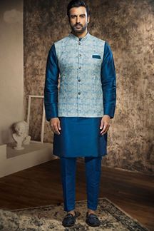 Picture of Awesome Navy Blue Designer Mens Kurta Jacket Set for Wedding, Reception and Engagement