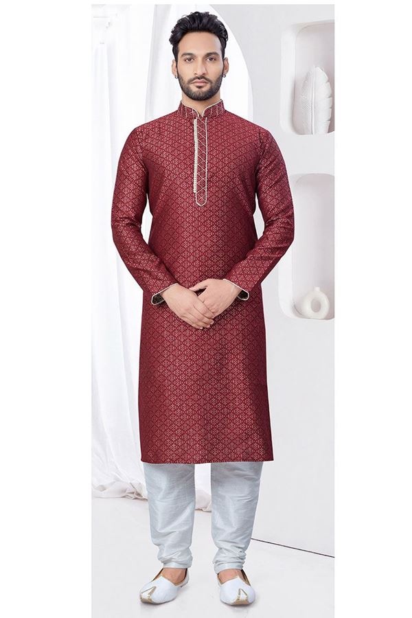 Picture of Impressive Maroon Designer Kurta and Churidar Set for Wedding and Reception