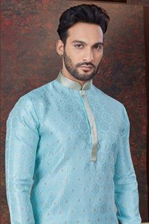 Picture of Marvelous Sky Blue Designer Kurta and Churidar Set for Party and Sangeet