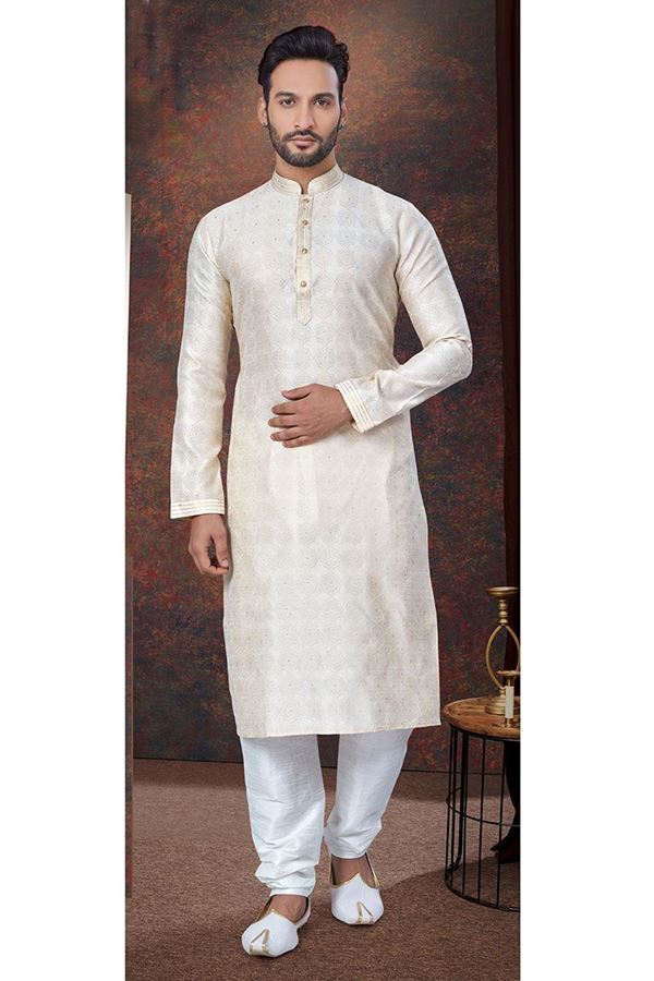 Picture of Elegant Cream Designer Kurta and Churidar Set for Wedding and Festivals