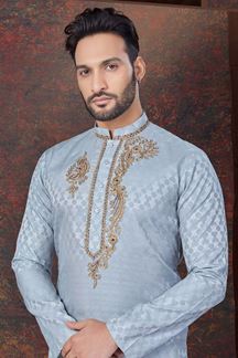 Picture of Stylish Grey Designer Kurta and Churidar Set for Wedding and Festivals