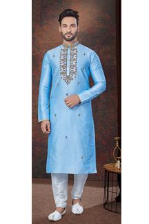 Picture of Charismatic Sky Blue Designer Kurta and Churidar Set for Wedding and Engagement 