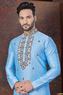 Picture of Charismatic Sky Blue Designer Kurta and Churidar Set for Wedding and Engagement 