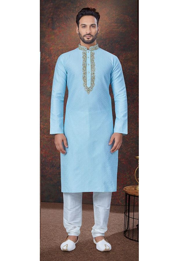 Picture of Splendid Sky Blue Designer Kurta and Churidar Set for Engagement, Wedding, and Festivals