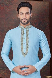 Picture of Splendid Sky Blue Designer Kurta and Churidar Set for Engagement, Wedding, and Festivals