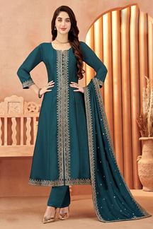 Picture of Flawless Teal Chinon Silk Designer Anarkali Suit for a Reception, Party, and Festival