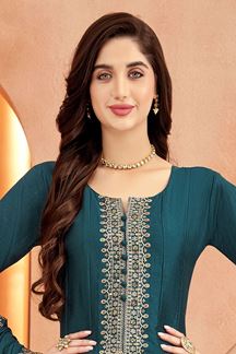 Picture of Flawless Teal Chinon Silk Designer Anarkali Suit for a Reception, Party, and Festival