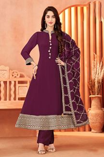 Picture of Spectacular Wine Georgette Designer Anarkali Suit for a Reception, Wedding, and Festival