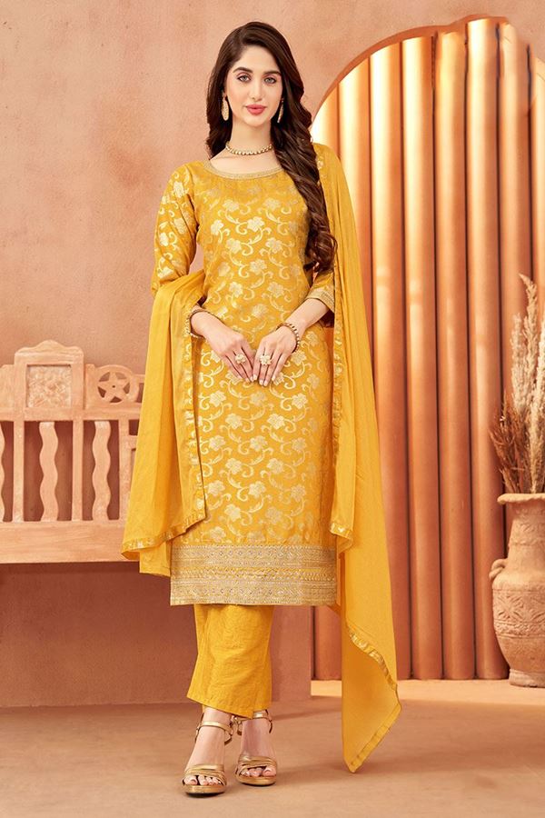 Picture of Striking Art Silk Designer Straight Cut Suit for Haldi and Festivals