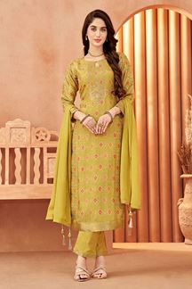 Picture of Vibrant Art Silk Designer Straight Cut Suit for Mehendi, Festivals, and Party