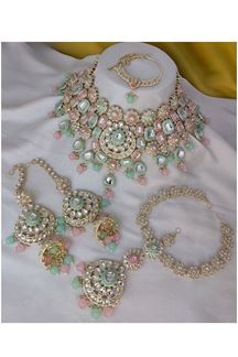 Picture of Fascinating Mint Green and Baby Pink Bridal Designer Necklace Set for an Engagement and Reception