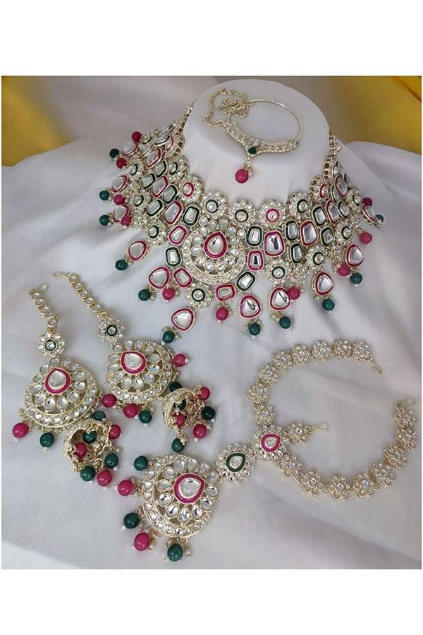 Picture of Splendid Rani Pink and Green Bridal Designer Necklace Set for a Wedding and Reception