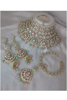 Picture of Captivating Baby Pink and Mint Green Bridal Designer Necklace Set for an Engagement and Reception