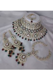 Picture of Breathtaking Maroon and Green Bridal Designer Necklace Set for a Wedding and Reception