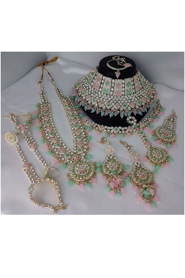 Picture of Fascinating Mint Green and Baby Pink Bridal Designer Necklace Set for an Engagement and Reception