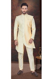 Picture of Captivating Gold Designer Indo-Western Sherwani for Reception and Engagement