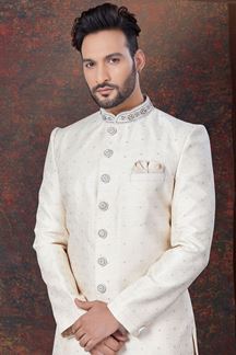 Picture of Charismatic Cream Designer Indo-Western Sherwani for Reception, Wedding and Engagement