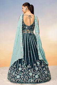 Picture of Fascinating Teal Designer Indo-Western Lehenga Choli for Engagement, Reception and Party