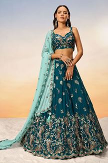 Picture of Flawless Teal Designer Indo-Western Lehenga Choli for Engagement, Reception and Party