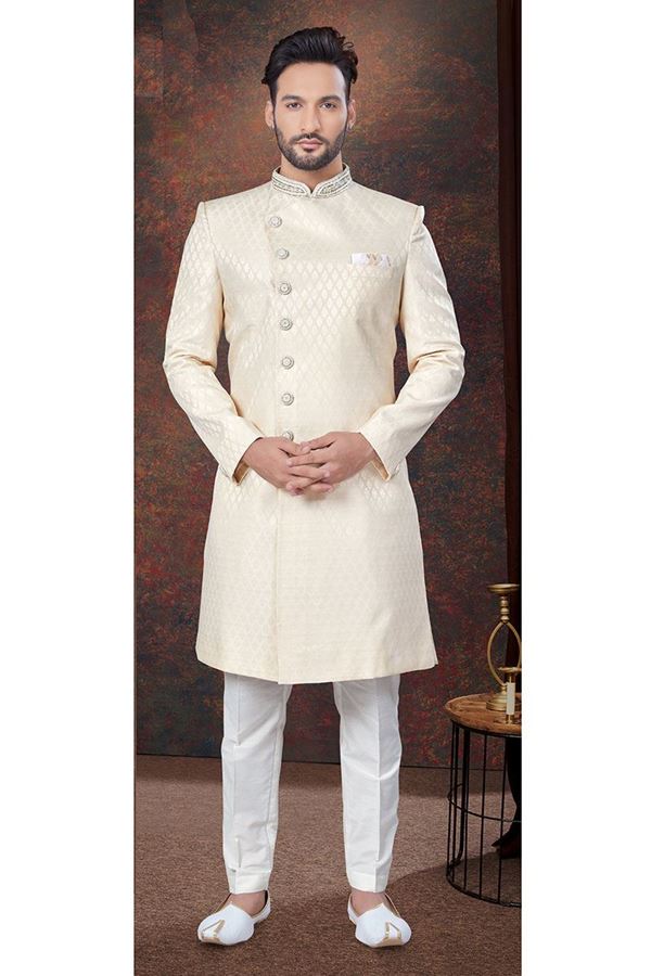 Picture of Splendid Cream Designer Indo-Western Sherwani for Reception, Wedding and Engagement