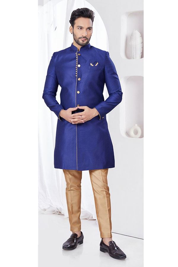 Picture of Amazing Navy Blue Designer Indo-Western Sherwani for Reception, Wedding, and Engagement