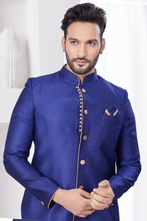 Picture of Amazing Navy Blue Designer Indo-Western Sherwani for Reception, Wedding, and Engagement