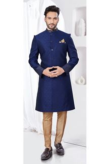 Picture of Enticing Navy Blue Designer Indo-Western Sherwani for Reception, Wedding, and Party